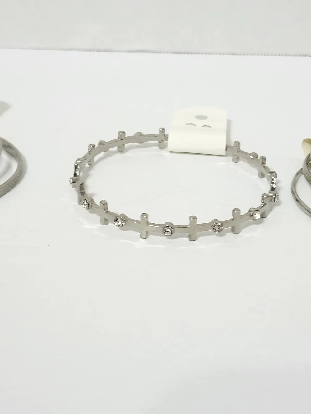 Silver Tone Cross and Rhinestone Bangle Bracelet Set 7 Pieces Large Casual Work